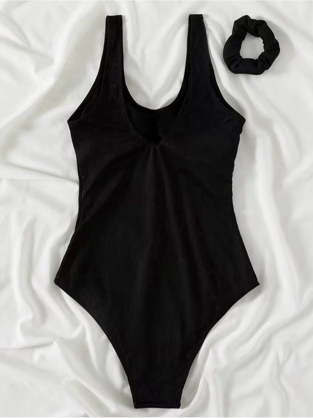 Black Ribbed One-Piece Swimsuit with Matching Scrunchie